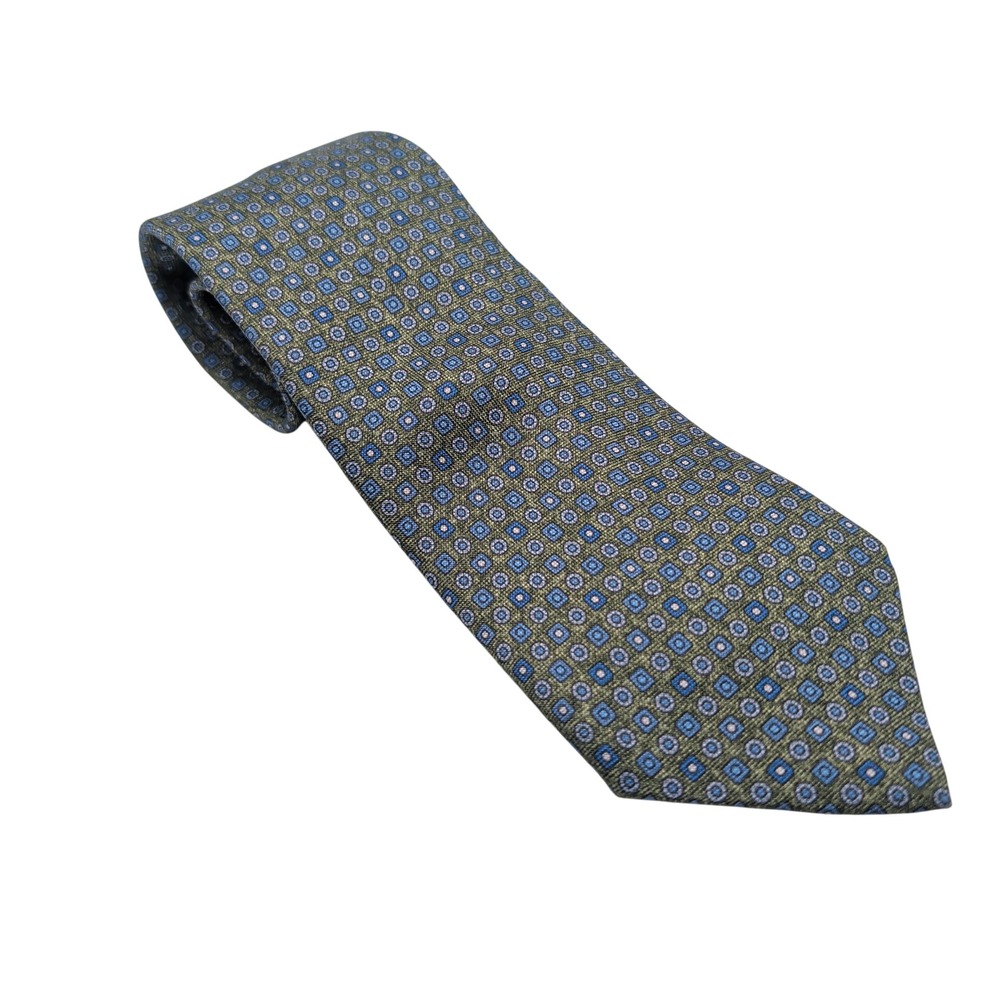 David Donahue Necktie Mens OS Olive Blue Geometric Medallion Silk Woven USA Made